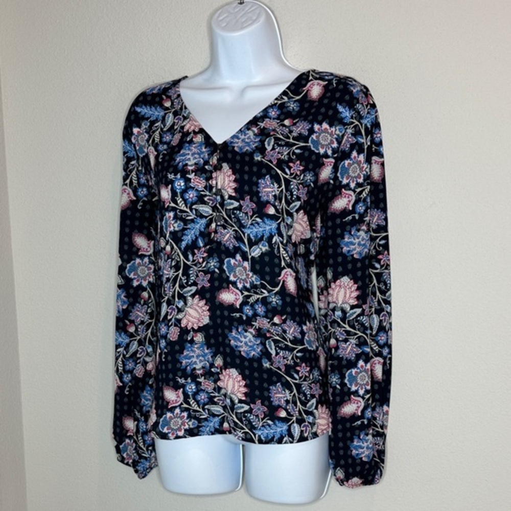 LOFT Navy Floral V-Neck Blouse